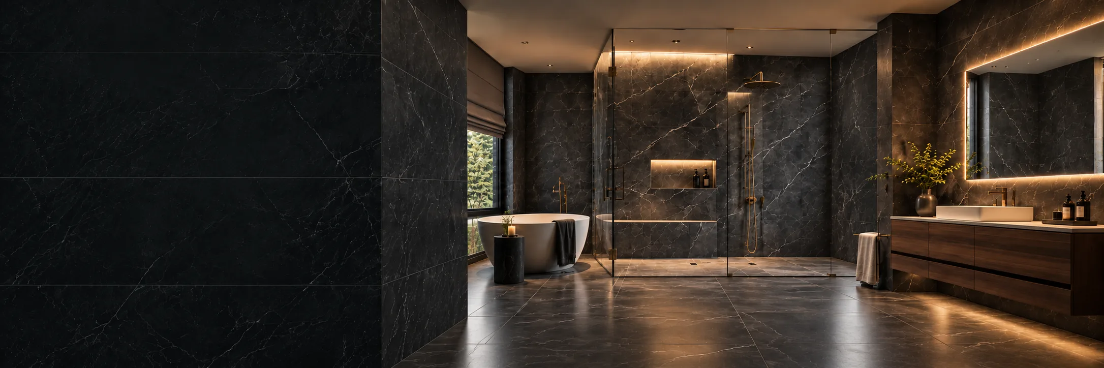 Design inspiration: a shower with dark stone walls and warm lighting